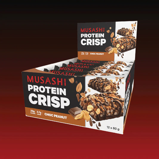 Musashi Protein Crisp 12 x 60g Bars Choc Peanut Vanilla Caramel Dark Choc Mint