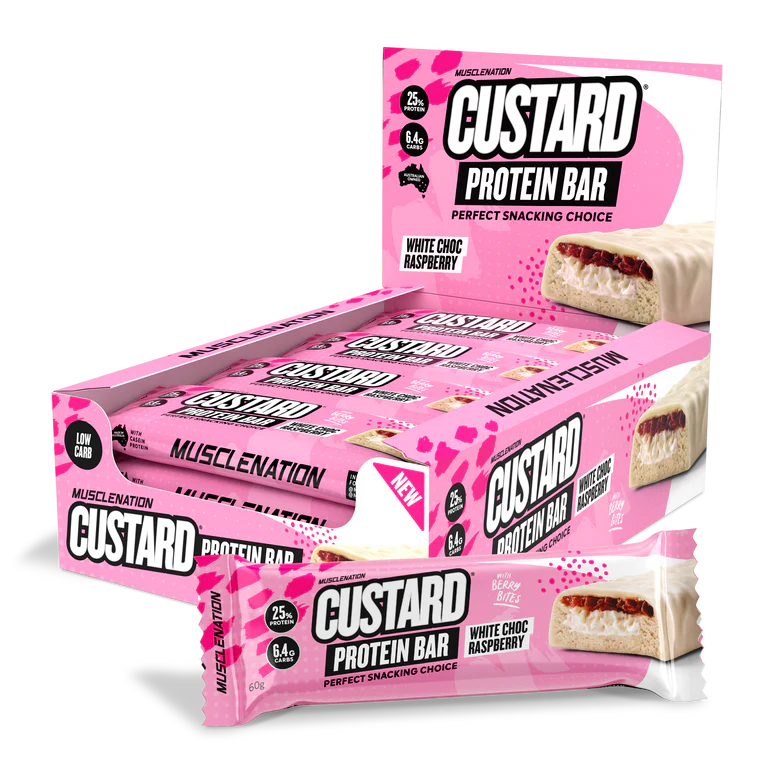 Muscle Nation Protein Custard Bar White Choc Raspberry 60g, Box of 12