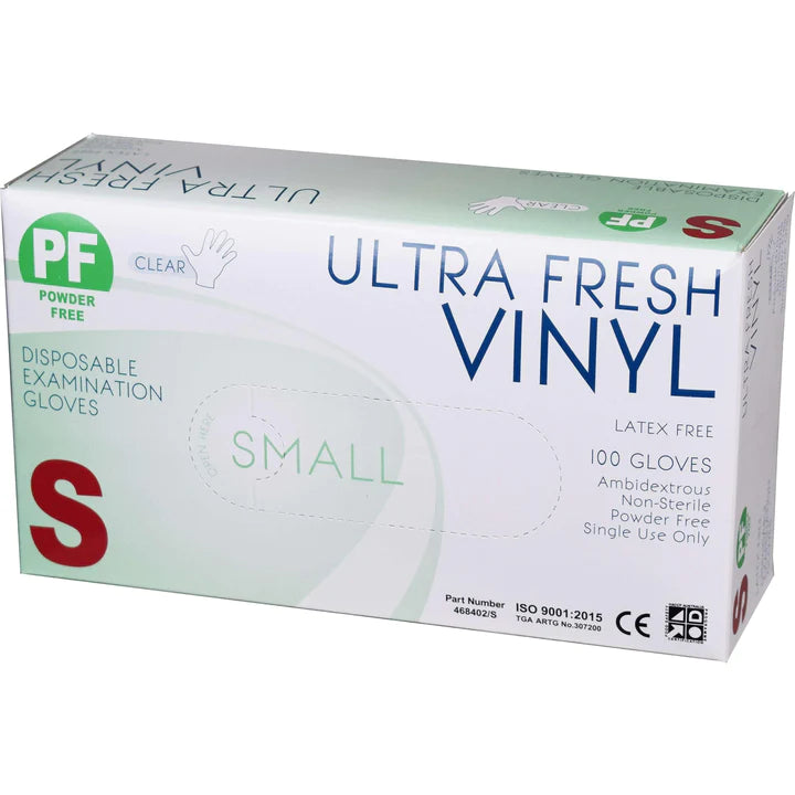 Ultrafresh Gloves Vinyl Powder Free Small Clear, Box 100