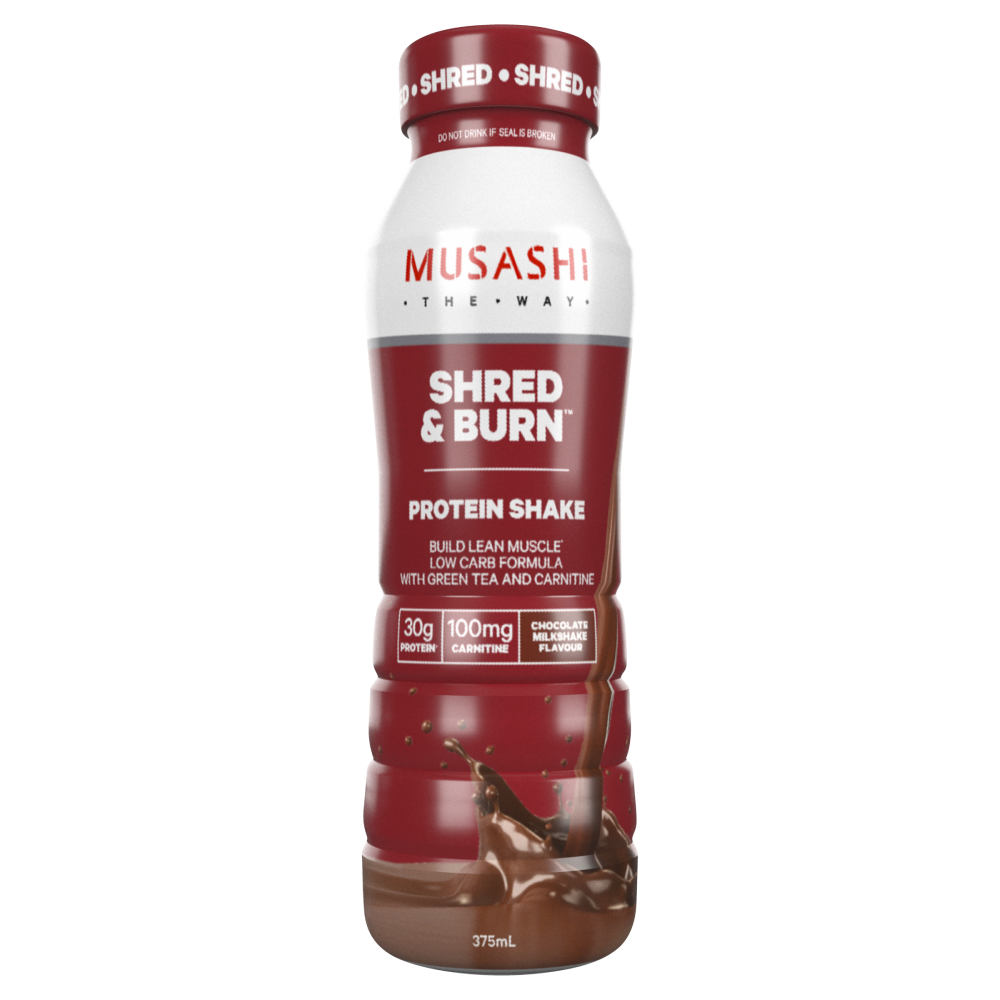 MUSASHI Shred and & Burn 6 x 375mL Protein Shakes Chocolate Flavour