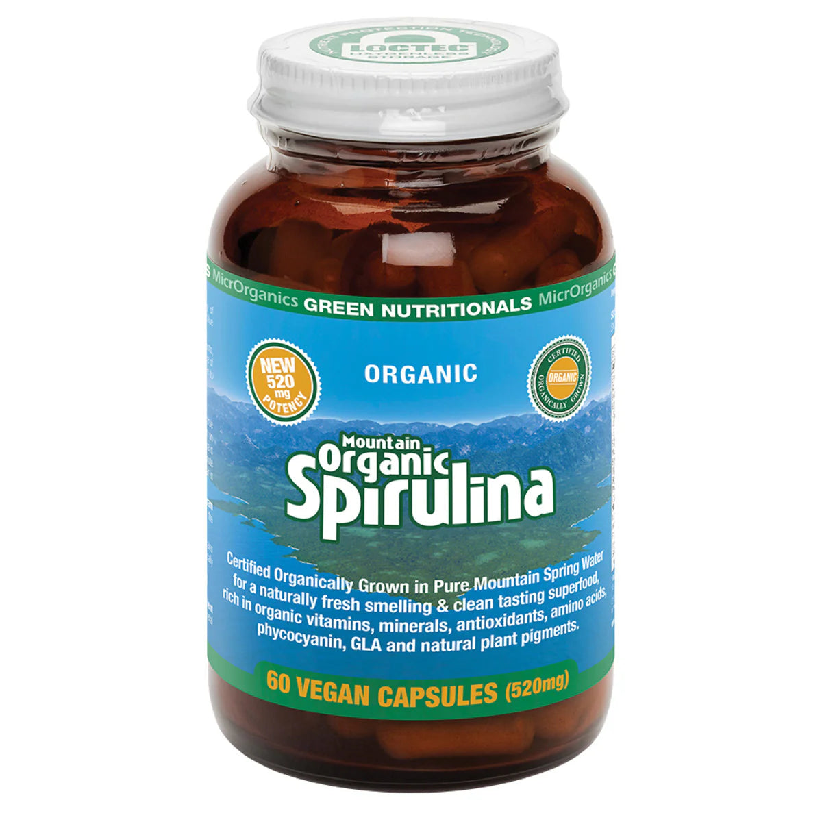 MicrOrganics Green Nutritionals Mountain Organic Spirulina 520mg 60 Capsules