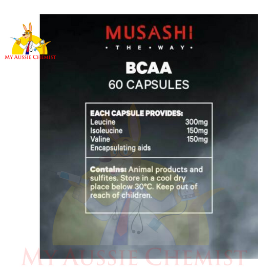 Musashi BCAA 60 Capsules Aids Muscle Growth "EXP 12/25"