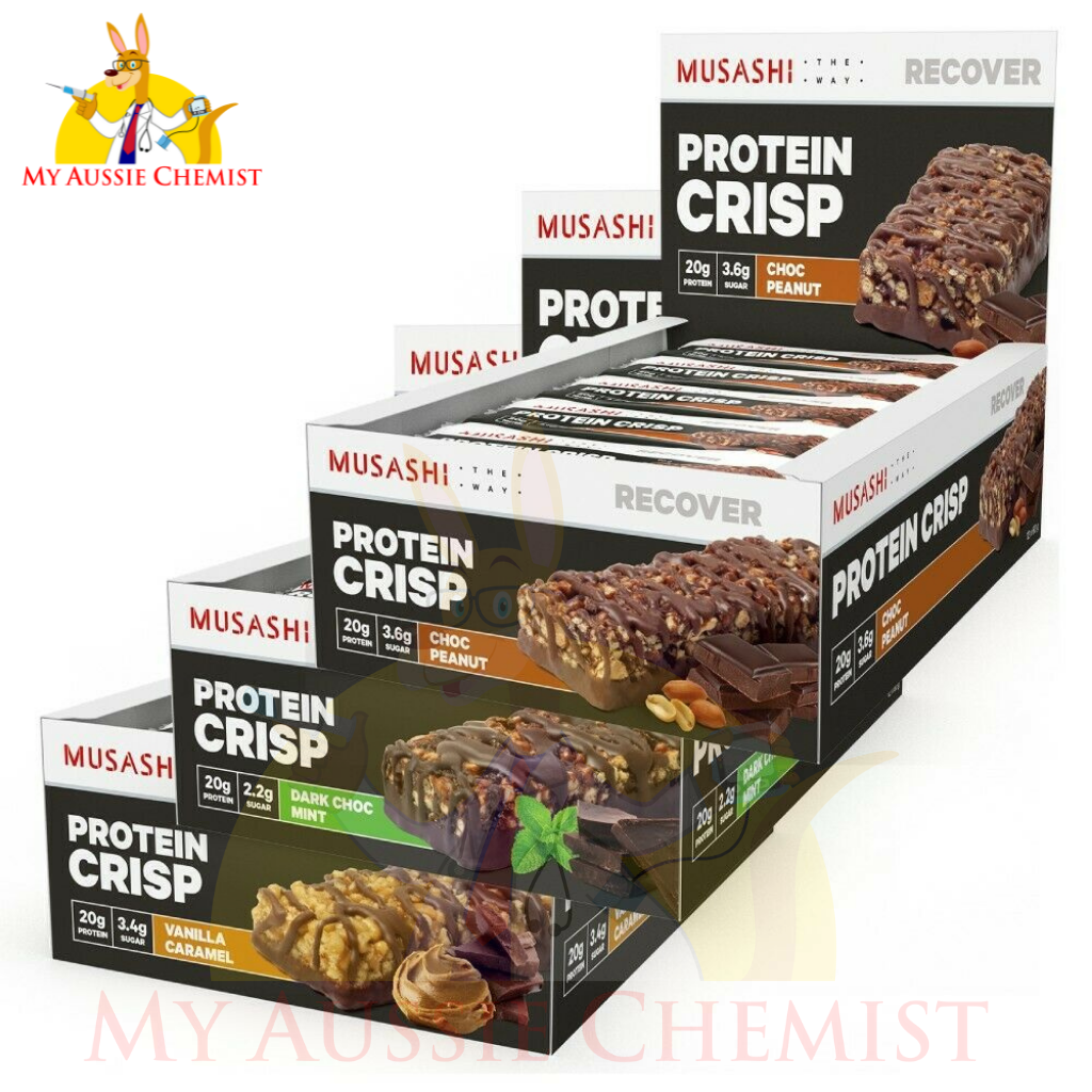 Musashi Protein Crisp 12 x 60g Bars Choc Peanut Vanilla Caramel Dark Choc Mint