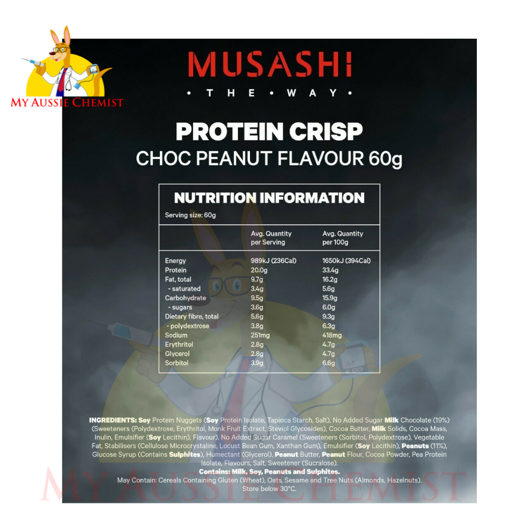 Musashi Protein Crisp 12 x 60g Bars Choc Peanut Vanilla Caramel Dark Choc Mint