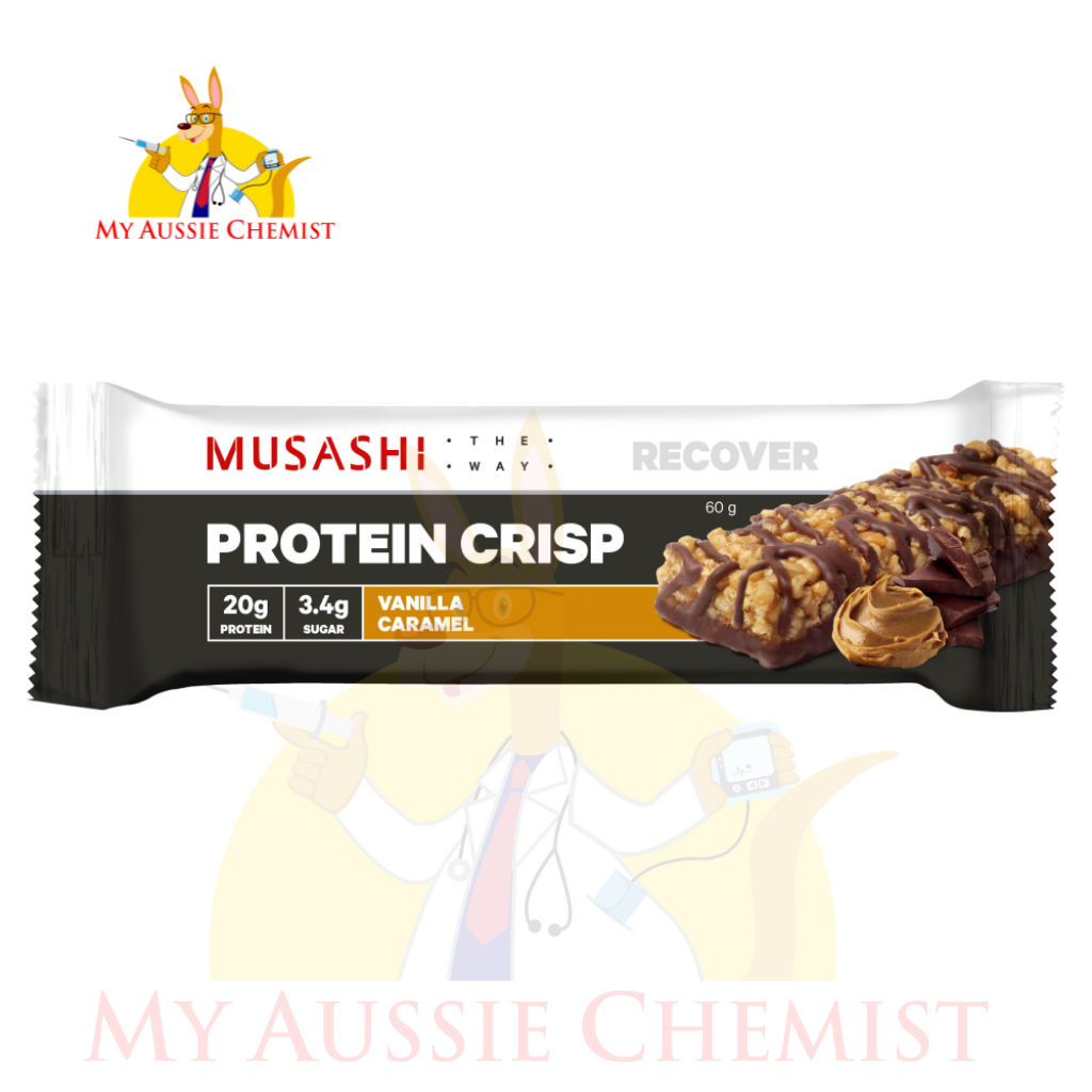 Musashi Protein Crisp 12 x 60g Bars Choc Peanut Vanilla Caramel Dark Choc Mint