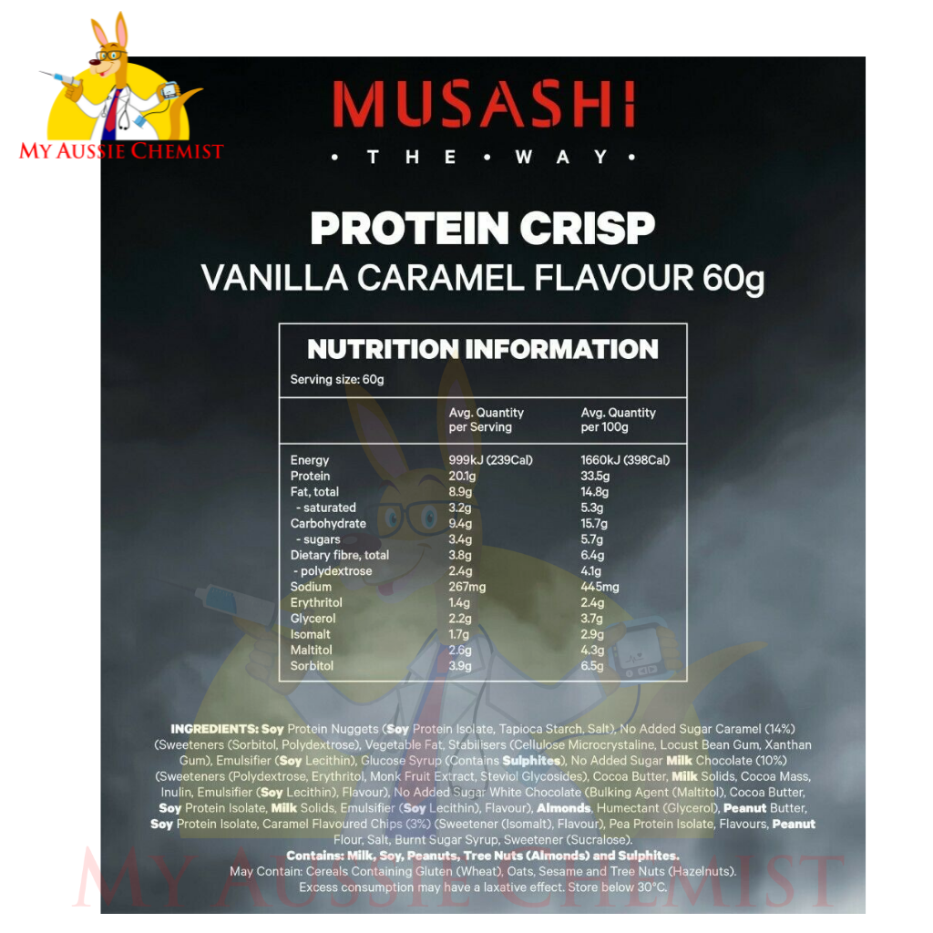 Musashi Protein Crisp 12 x 60g Bars Choc Peanut Vanilla Caramel Dark Choc Mint