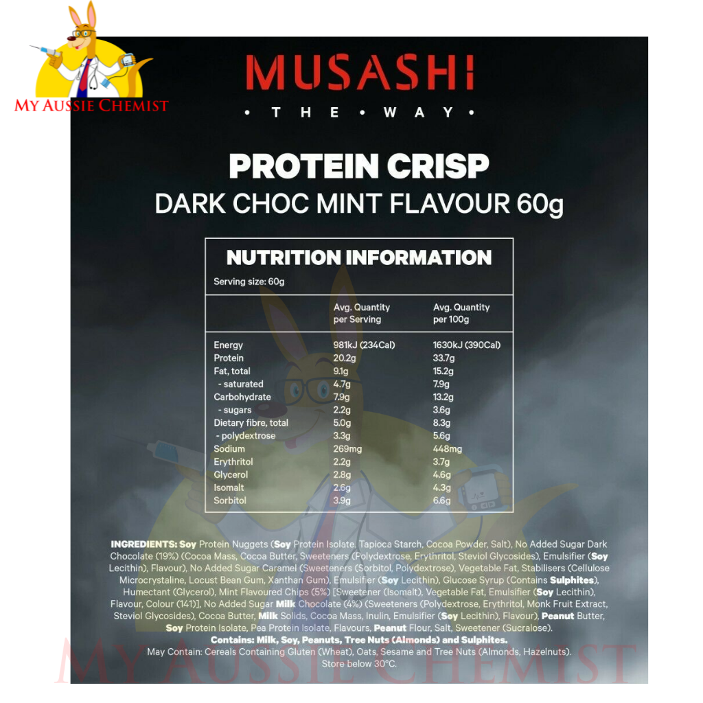 Musashi Protein Crisp 12 x 60g Bars Choc Peanut Vanilla Caramel Dark Choc Mint