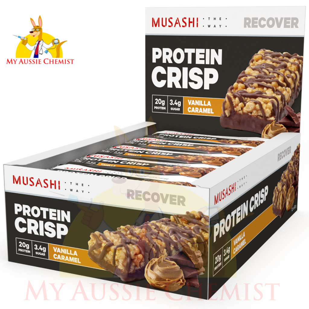 Musashi Protein Crisp 12 x 60g Bars Choc Peanut Vanilla Caramel Dark Choc Mint
