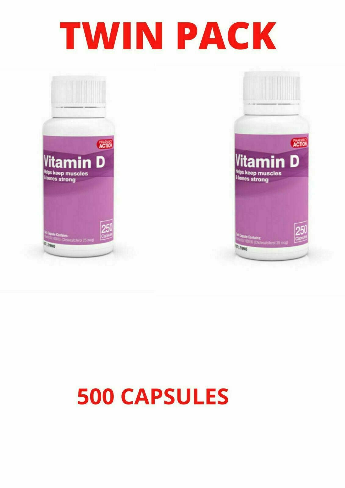 VITAMIN D D3 1000IU 500 CAPSULES (PHARMACY Action Twin Pack)-OSTELIN Generic
