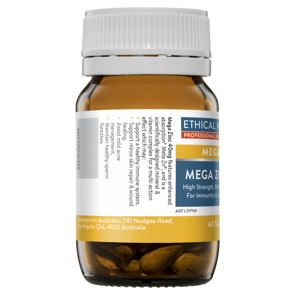 Ethical Nutrients Mega Zinc 40mg 60 Tablets MEGAZORB Immune System Health Acne