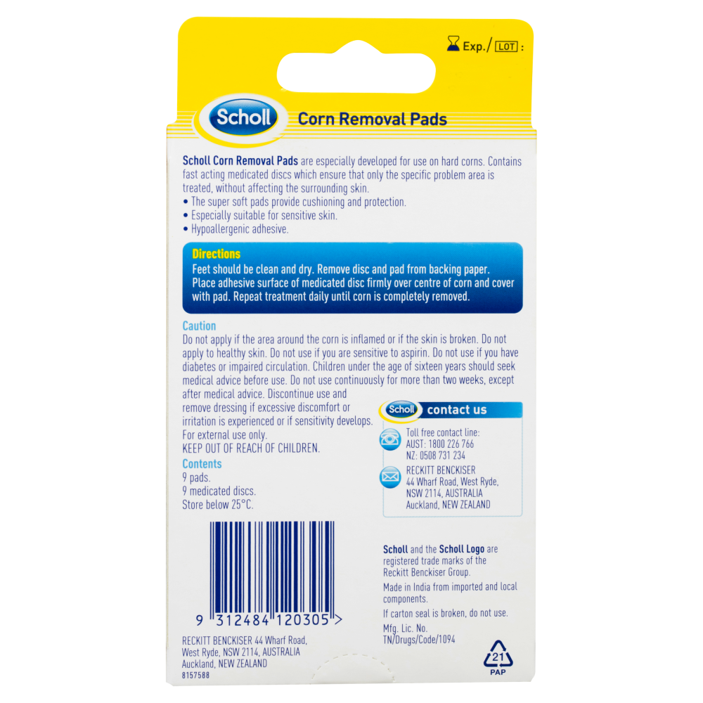 Scholl Corn Removal Pads 9 Pack Medicated Disc System Dressing Cushioning Relief