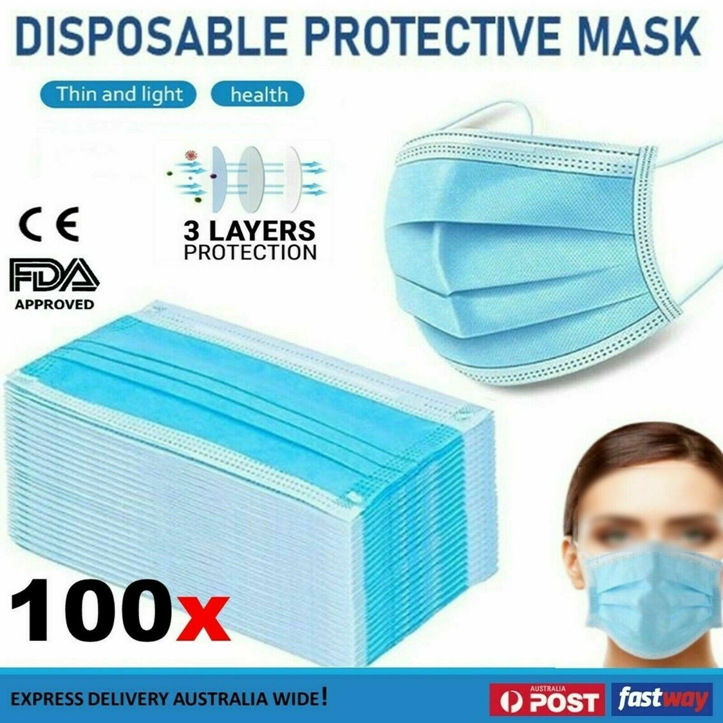 Disposable Daily Protective Face Mask Anti Bacterial Filter 3 Layer Masks 100pcs