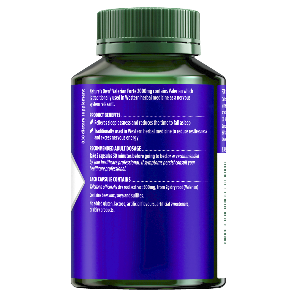 Nature's Own Valerian Forte 2000mg 60 Capsules Relieves Sleeplessness Natures