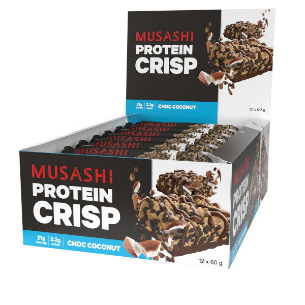 Musashi Protein Crisp 12 x 60g Bars Choc Peanut Vanilla Caramel Dark Choc Mint