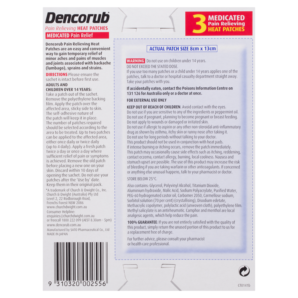 Dencorub Pain Relieving Heat Patches 3 Pack Medicated Adhesive for Aches & Pains