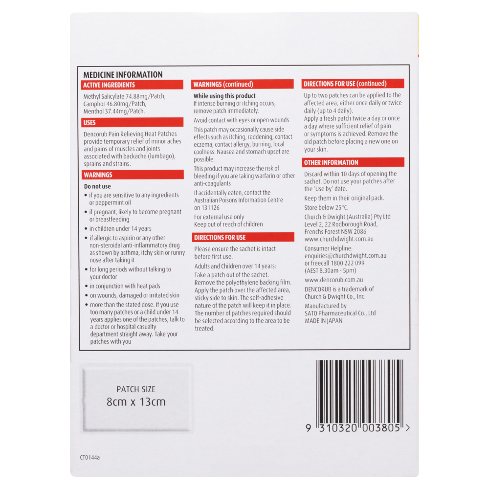 Dencorub Pain Relieving Heat Patches 6pk (Value Pack) Medicated Adhesive
