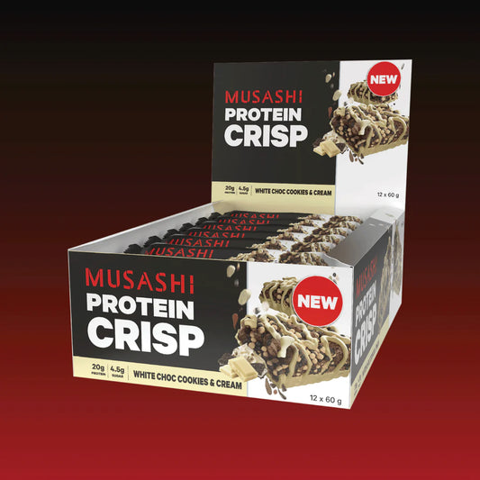 Musashi Protein Crisp 12 x 60g Bars Choc Peanut Vanilla Caramel Dark Choc Mint