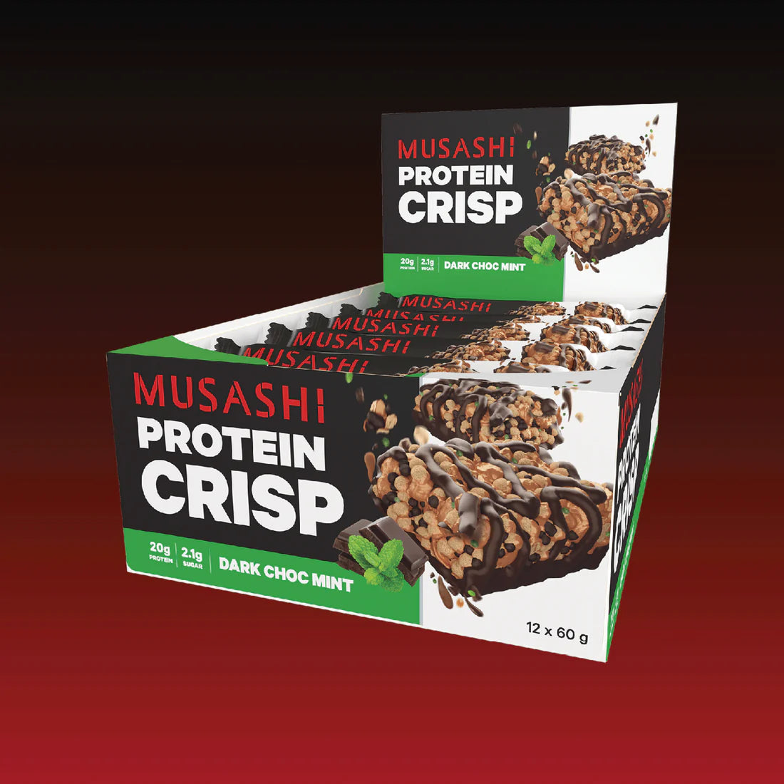 Musashi Protein Crisp 12 x 60g Bars Choc Peanut Vanilla Caramel Dark Choc Mint