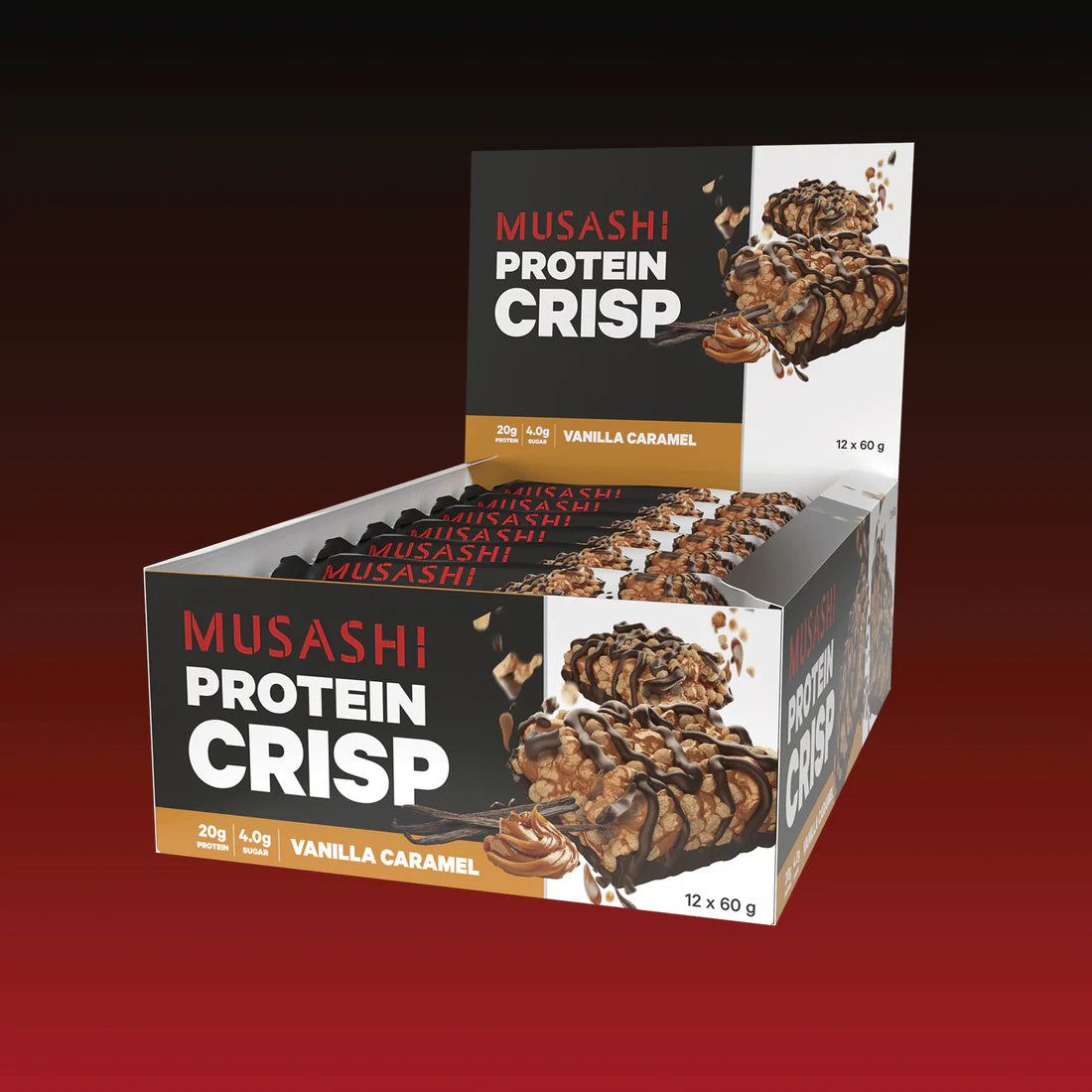Musashi Protein Crisp 12 x 60g Bars Choc Peanut Vanilla Caramel Dark Choc Mint