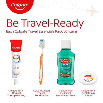 Colgate Travel Essentials Toothbrush, Toothpaste, Mouthwash, Floss & travel bag Pack