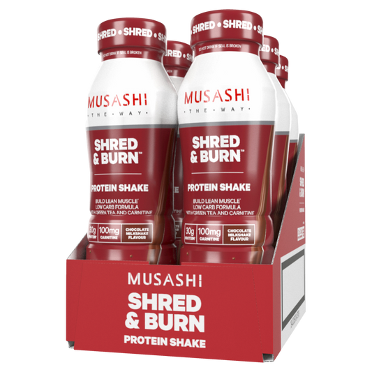 Musashi Shred and & Burn 6 x 375mL Protein Shakes Chocolate Flavour