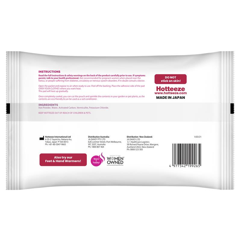 Hotteeze Heat Pads Pain Relief Patches for Period, Back and Shoulder pain 10 Pack