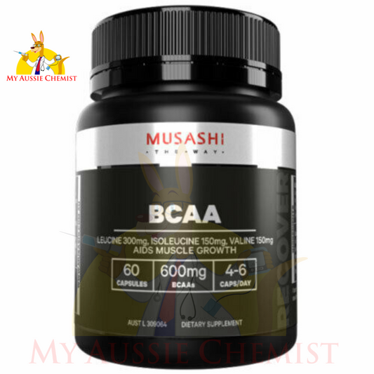 Musashi BCAA 60 Capsules Aids Muscle Growth Branched Chain Amino Acids 600mg