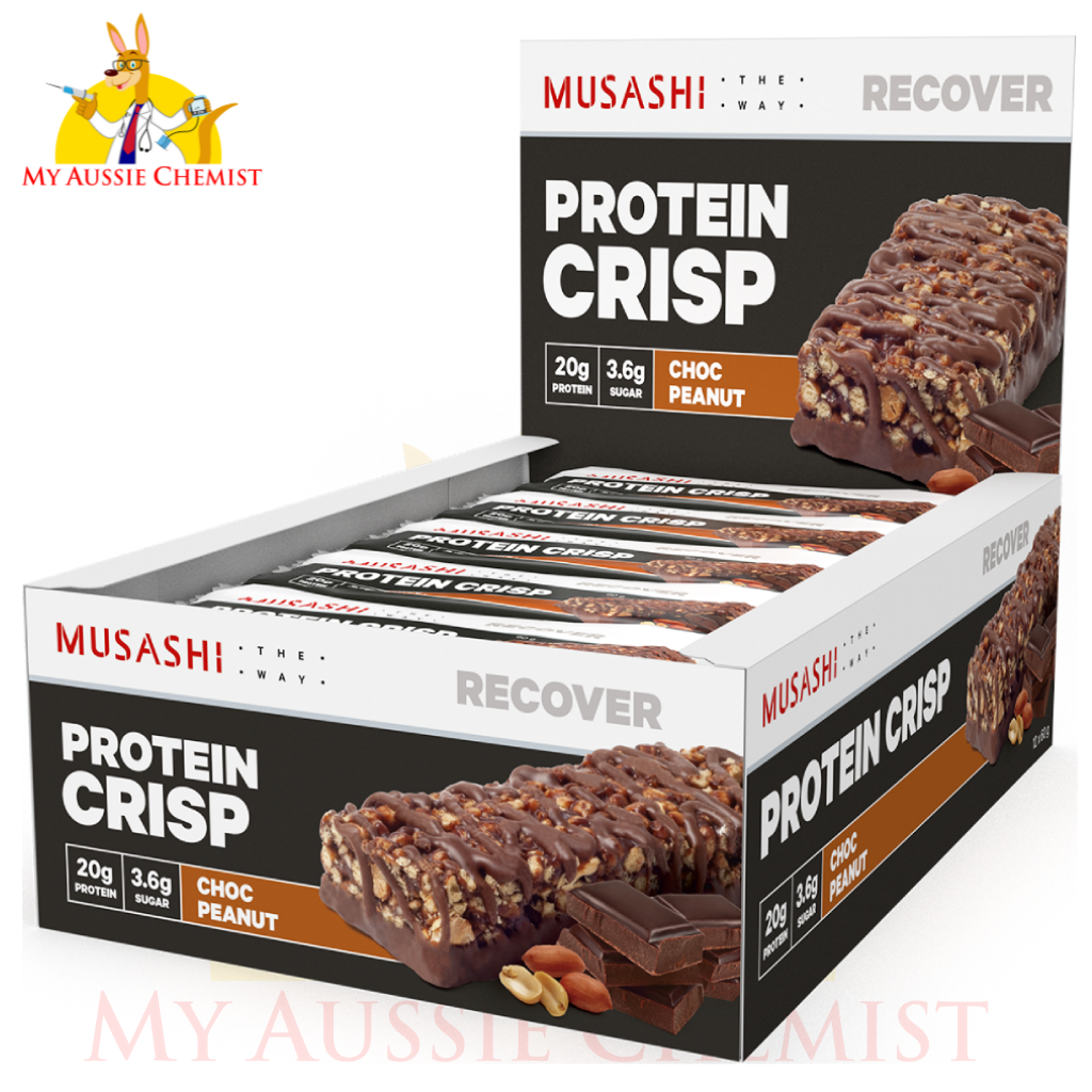 MUSASHI Protein Crisp 12 x 60g Bars Choc Peanut Vanilla Caramel Dark Choc Mint