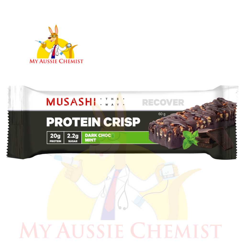 Musashi Protein Crisp 12 x 60g Bars Choc Peanut Vanilla Caramel Dark Choc Mint