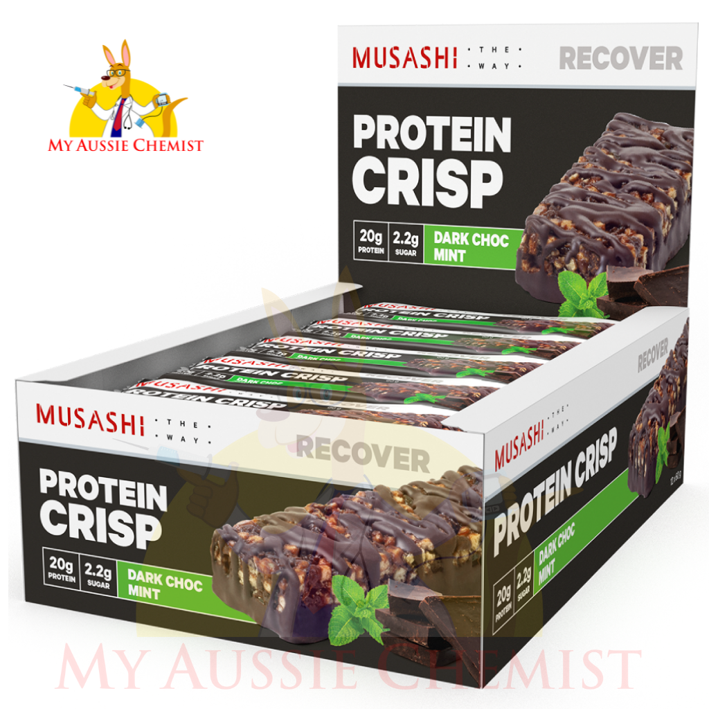 Musashi Protein Crisp 12 x 60g Bars Choc Peanut Vanilla Caramel Dark Choc Mint