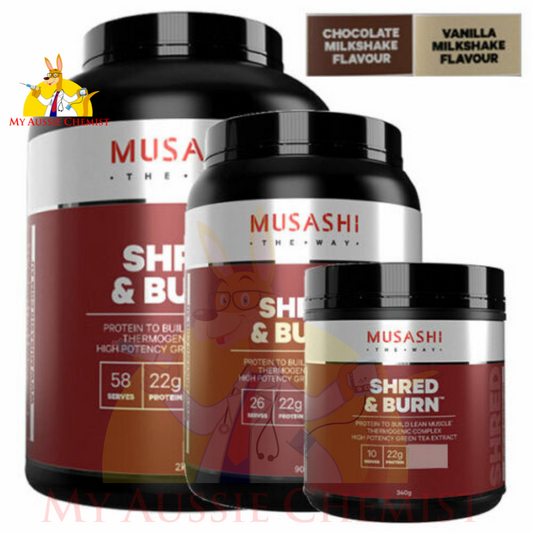Musashi Shred & Burn Protein Powder Choose 340g 900g 2KG and Chocolate / Vanilla