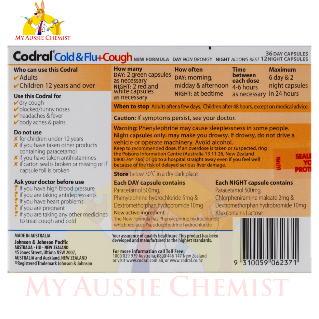 Codral Cold & Flu + Cough Day & Night 48 Capsules Dry Cough Headaches Non Drowsy