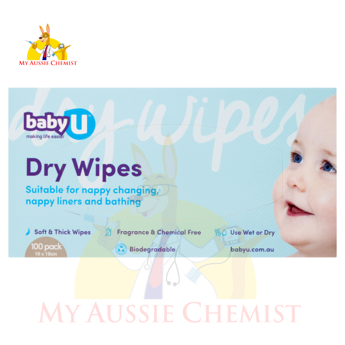 babyU Dry Wipes 100pk (19cm x 19cm) Soft & Thick Fragrance & Chemical Free