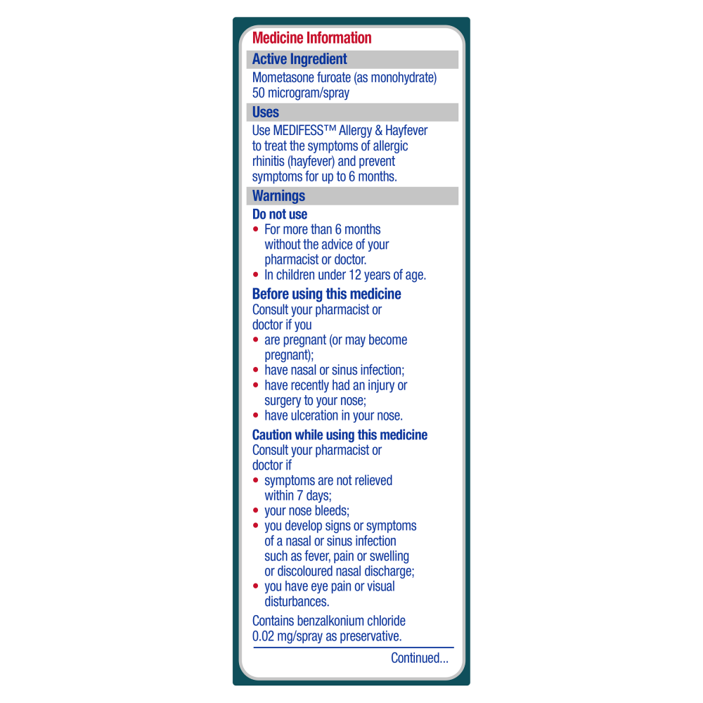 Medifess Allergy & Hayfever Nasal Spray 140 Doses Blocked or Itchy Runny Noses