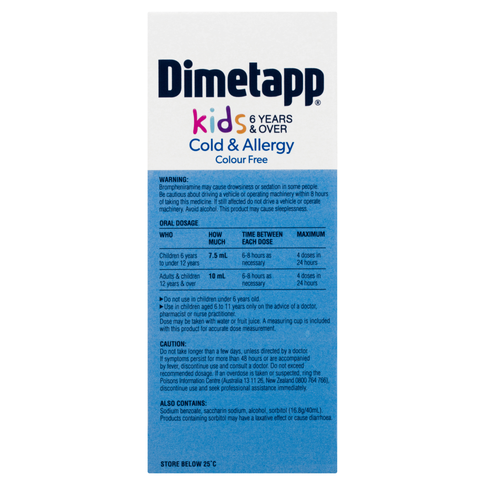 Dimetapp Kids 6 Years & Over Cold & Allergy Colour Free 200mL Great Tasting