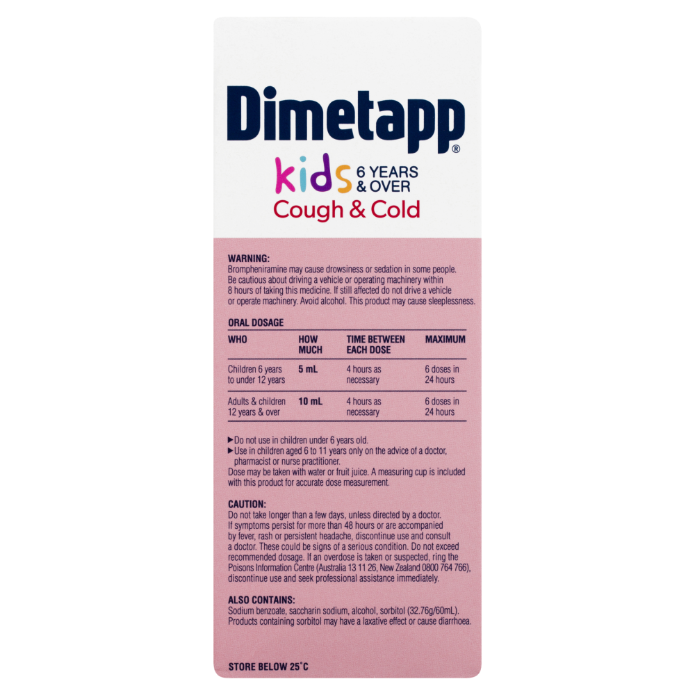 Dimetapp Kids 6 Years & Over Cough & Cold 200mL Nasal Congestion Great Tasting