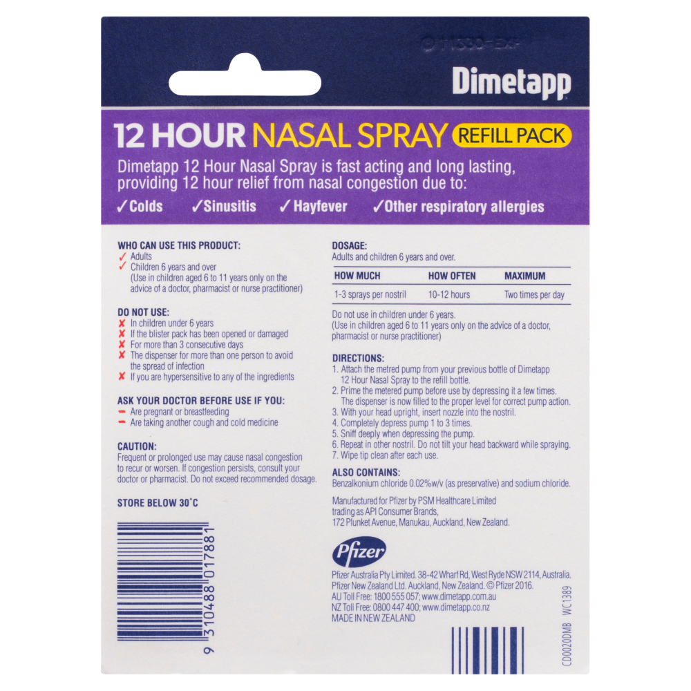 Dimetapp 12 Hour Nasal Spray Refill Pack 20mL Nasal Congestion Fast Acting