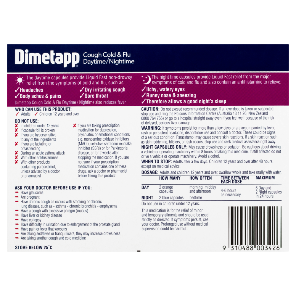 Dimetapp Cough Cold & Flu Daytime/Nightime 24 Liquid Capsules Body Aches & Pains