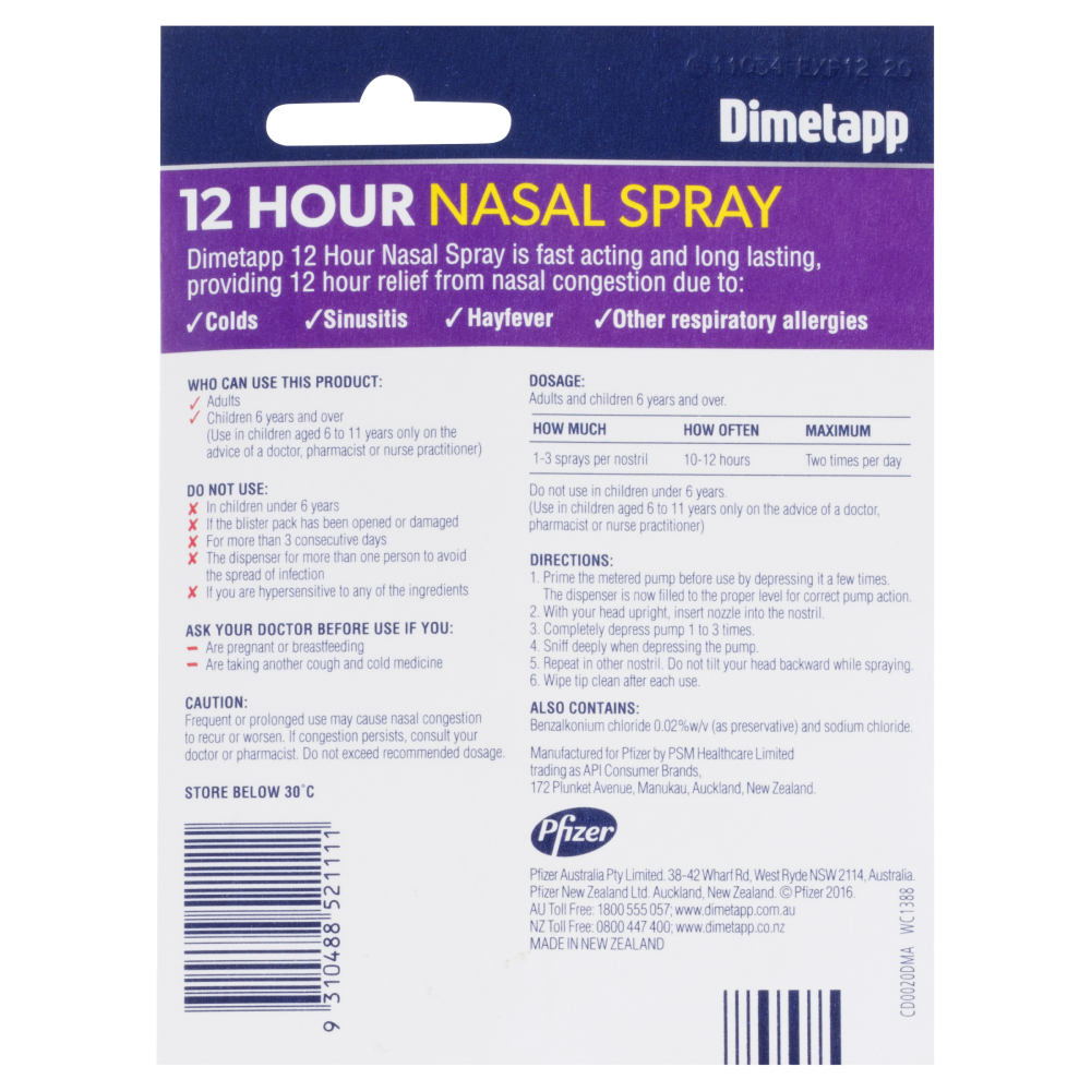 Dimetapp 12 Hour Nasal Spray 20mL Metered Pump Nasal Congestion Fast Acting