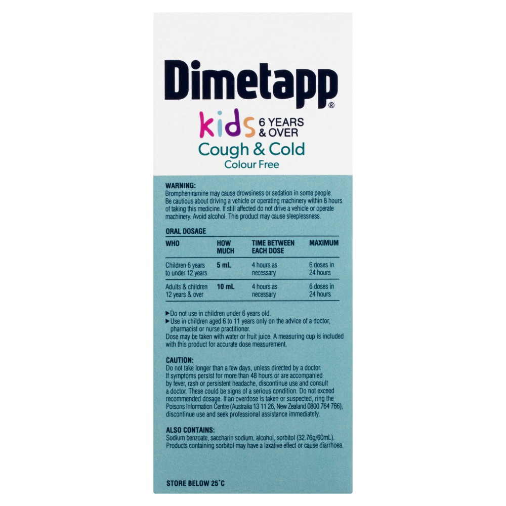 Dimetapp Kids 6 Years & Over Cough & Cold Colour Free 200mL Great Tasting