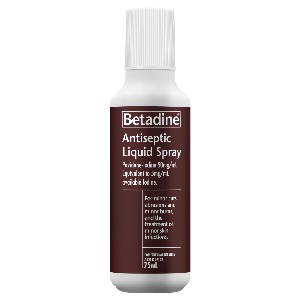 Betadine Antiseptic Liquid Spray 75mL Minor Cuts Abrasions and Minor Burns