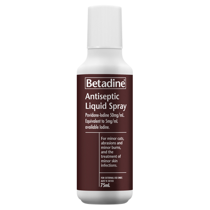 Betadine Antiseptic Liquid Spray 75mL Minor Cuts Abrasions and Minor Burns