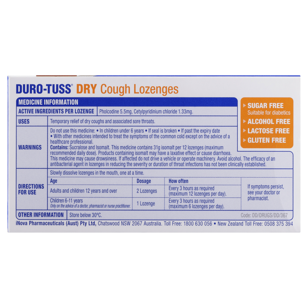 Duro-Tuss Dry Cough 24 Lozenges - Lemon Sore Throats Double Action DuroTuss