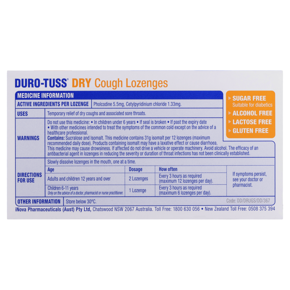 Duro-Tuss Dry Cough 24 Lozenges - Orange Sore Throats Double Action DuroTuss