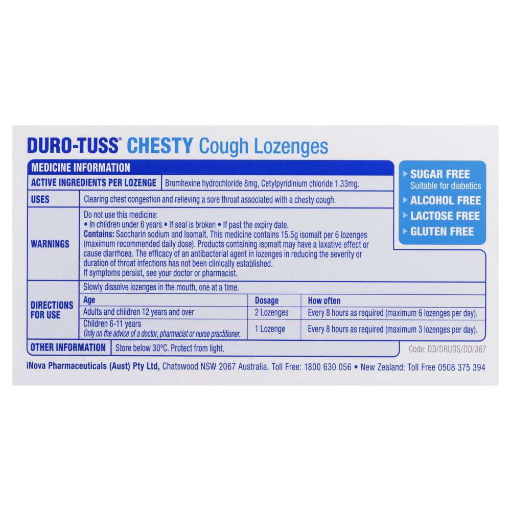 Duro-Tuss Chesty Cough 24 Lozenges - Lemon Sore Throat Double Action Durotuss