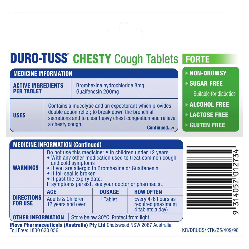 Duro-Tuss Chesty Cough Forte 60 Tablets Double Action Chest Congestion DuroTuss