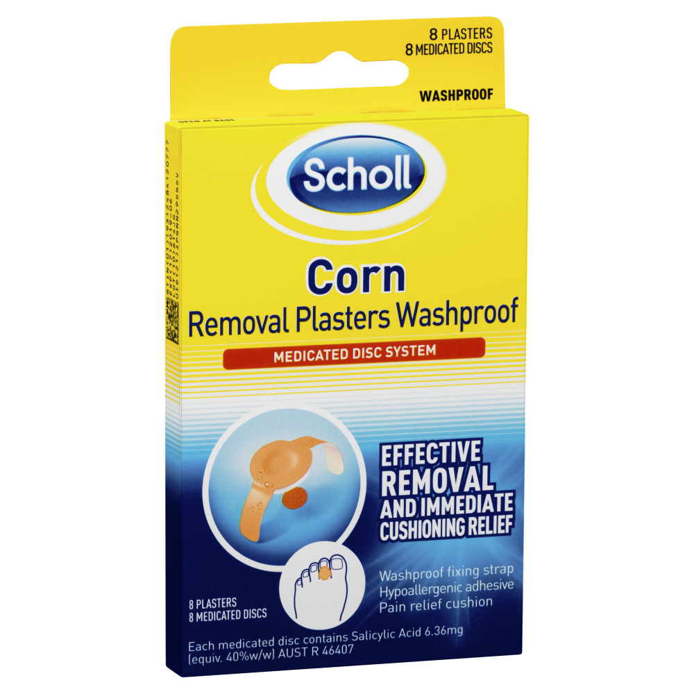 Scholl Corn Removal Plasters Washproof 8 Pack Medicated Disc System Fixing Strap
