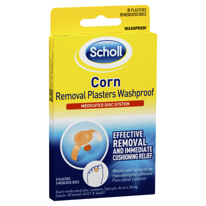Scholl Corn Removal Plasters Washproof 8 Pack Medicated Disc System Fixing Strap