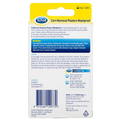Scholl Corn Removal Plasters Washproof 8 Pack Medicated Disc System Fixing Strap