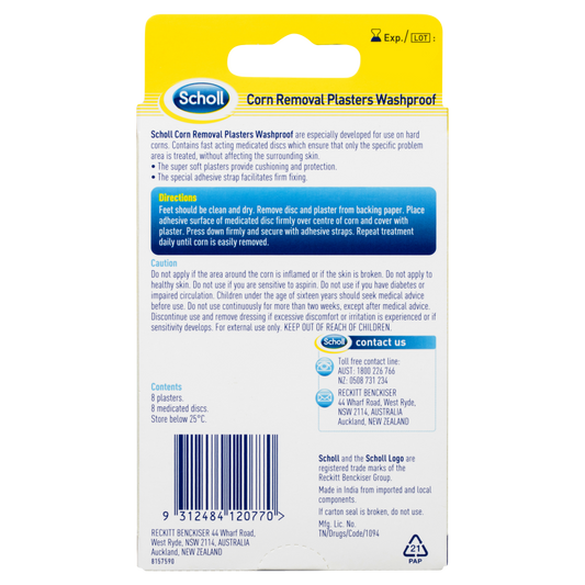 Scholl Corn Removal Plasters Washproof 8 Pack Medicated Disc System Fixing Strap